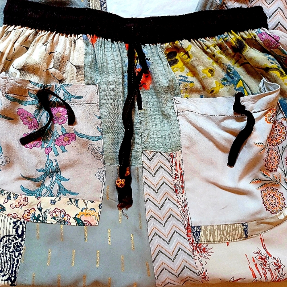 Boho Patchwork Wide-Leg Pants with Drawstring Waist - Multicolor